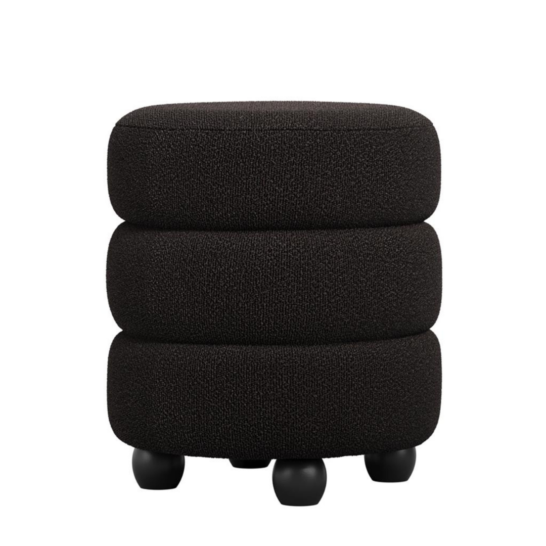 Marple Round Pouffe - Black Boucle Pouf Curved Seat - Black Pine Feet