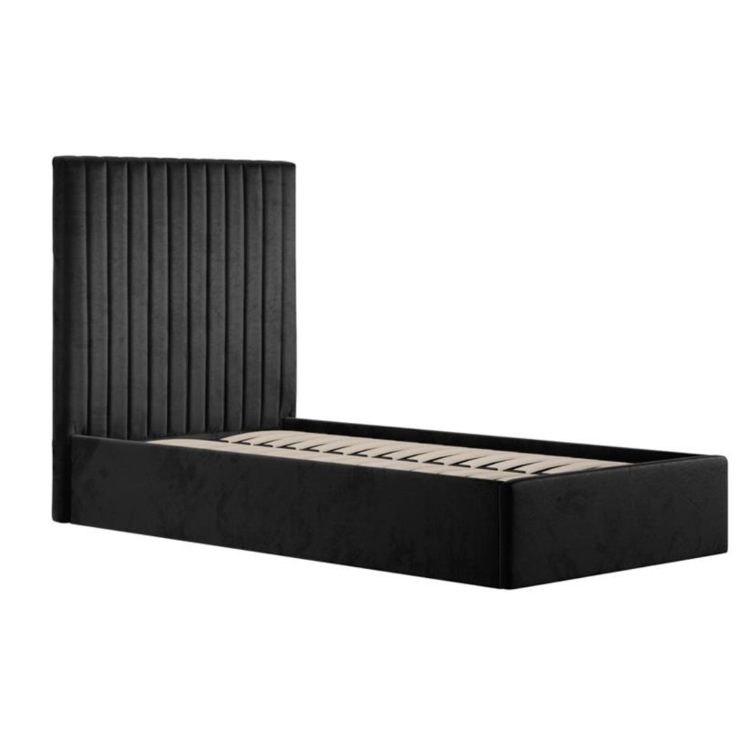 Luna Ottoman Storage Single Bed - Soft Black Velvet Upholstered Tall Frame