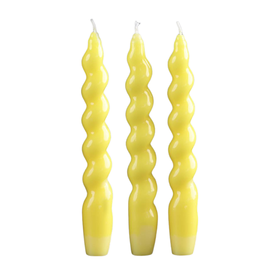 MÆGEN Taper Candle - 18cm Spiral Twist - Yellow - 3 Pack