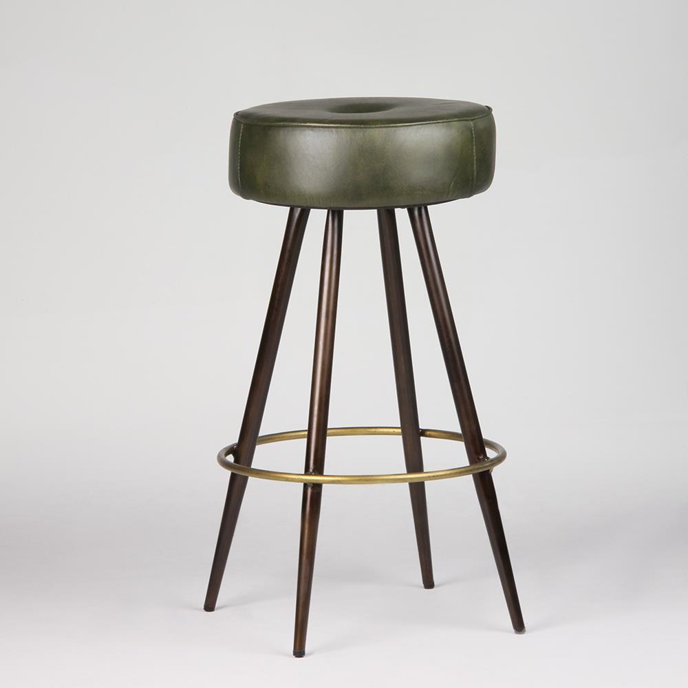 Crompton Bar Stool - Green Round Leather Seat - Pewter & Brass Base - 75cm