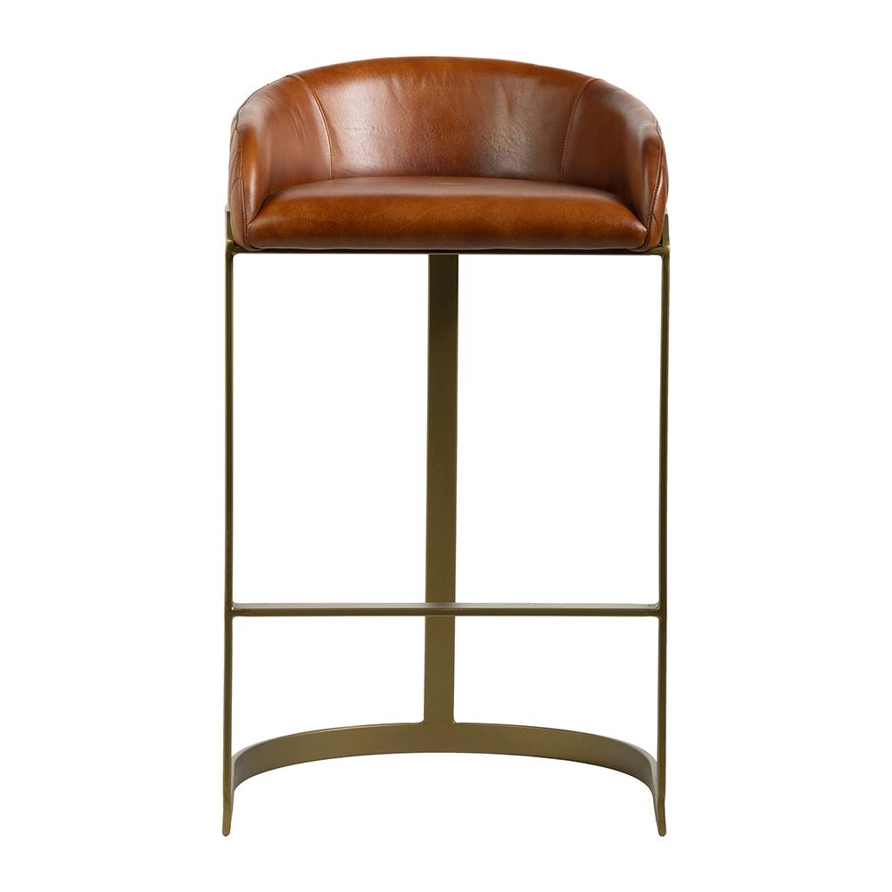 Spinningfields Bar Stool - Brown Real Leather Seat - Gold Base - 66cm