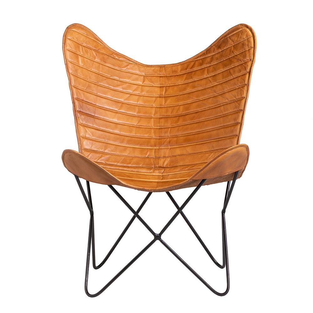 Butterfly Accent Chair - Tan Ribbed Real Leather Seat - Black Base