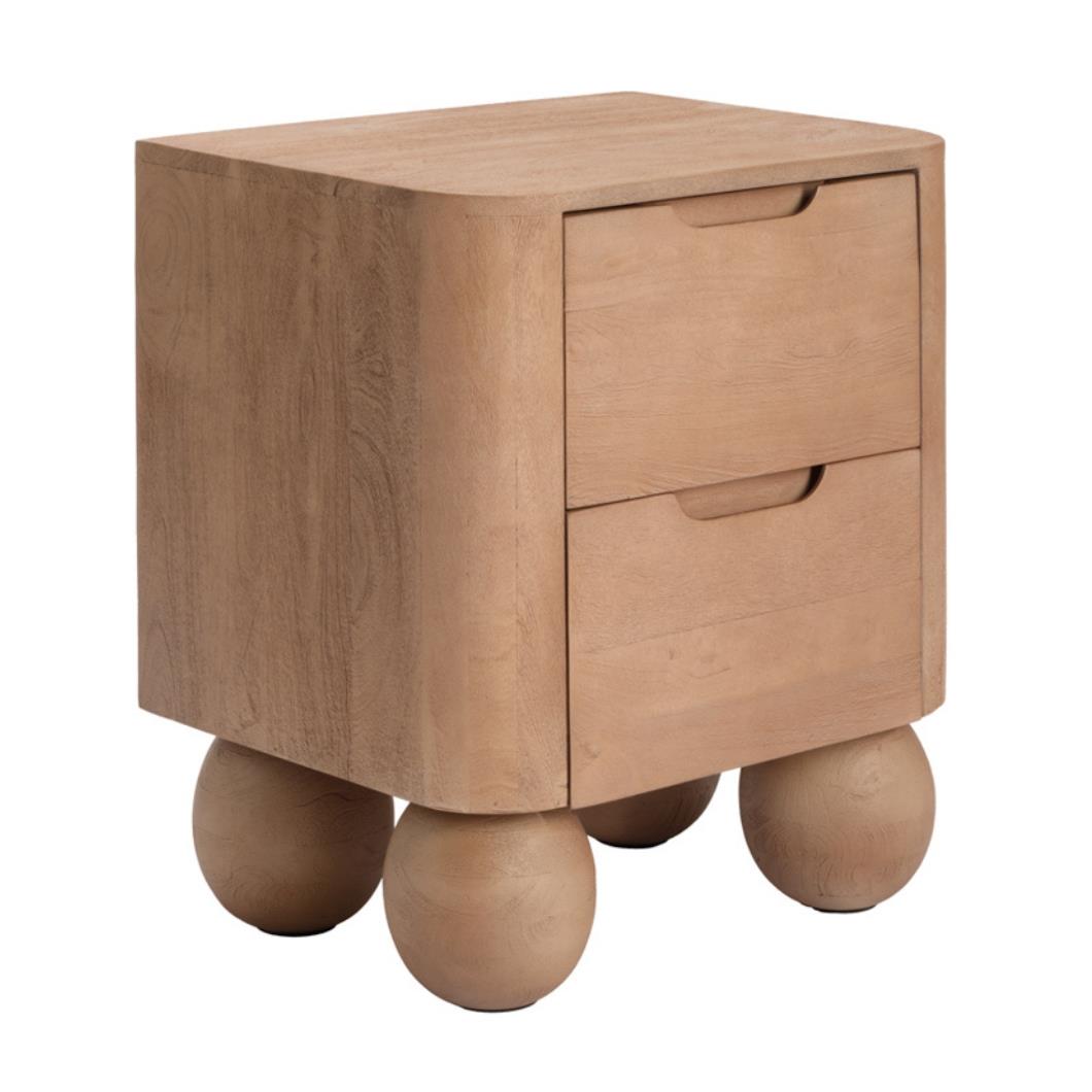 OTI Shibui Bedside Table - Almond Mango Wood 2 Drawers - Ball Feet