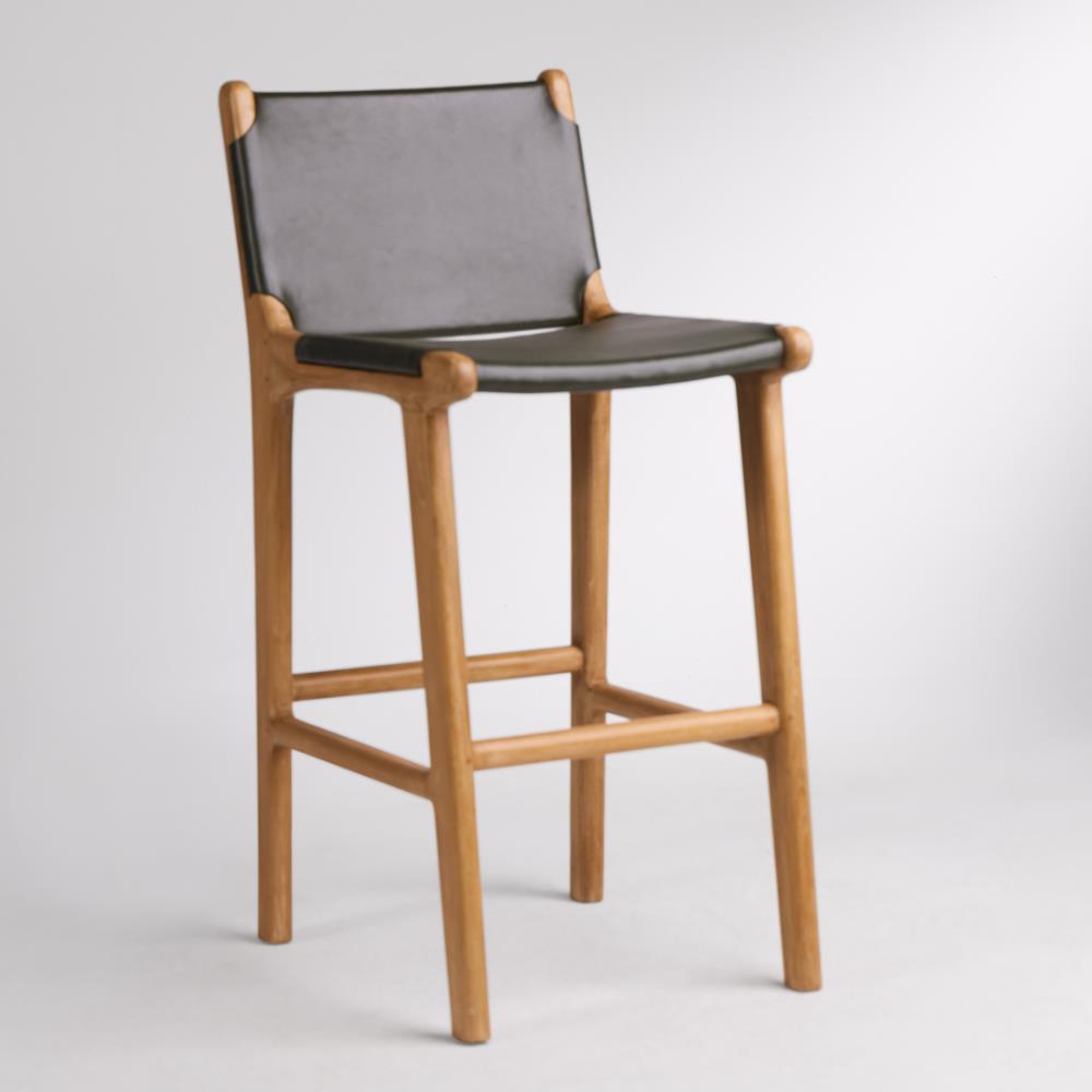 London Bar Stool Green Real Leather Counter 64cm Seat Height Teak Frame