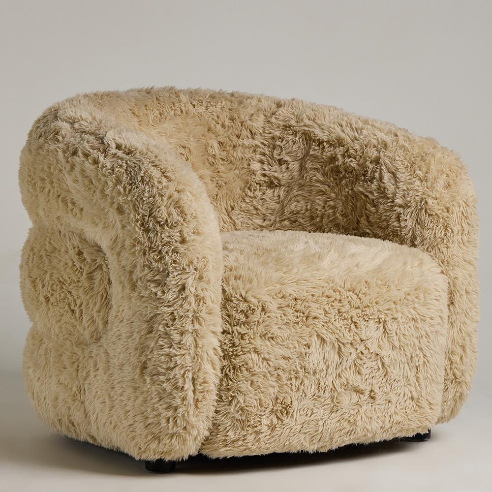 Eskimo Tub Armchair - Upholstered Faux Yak Sheepskin Sand - Black Legs