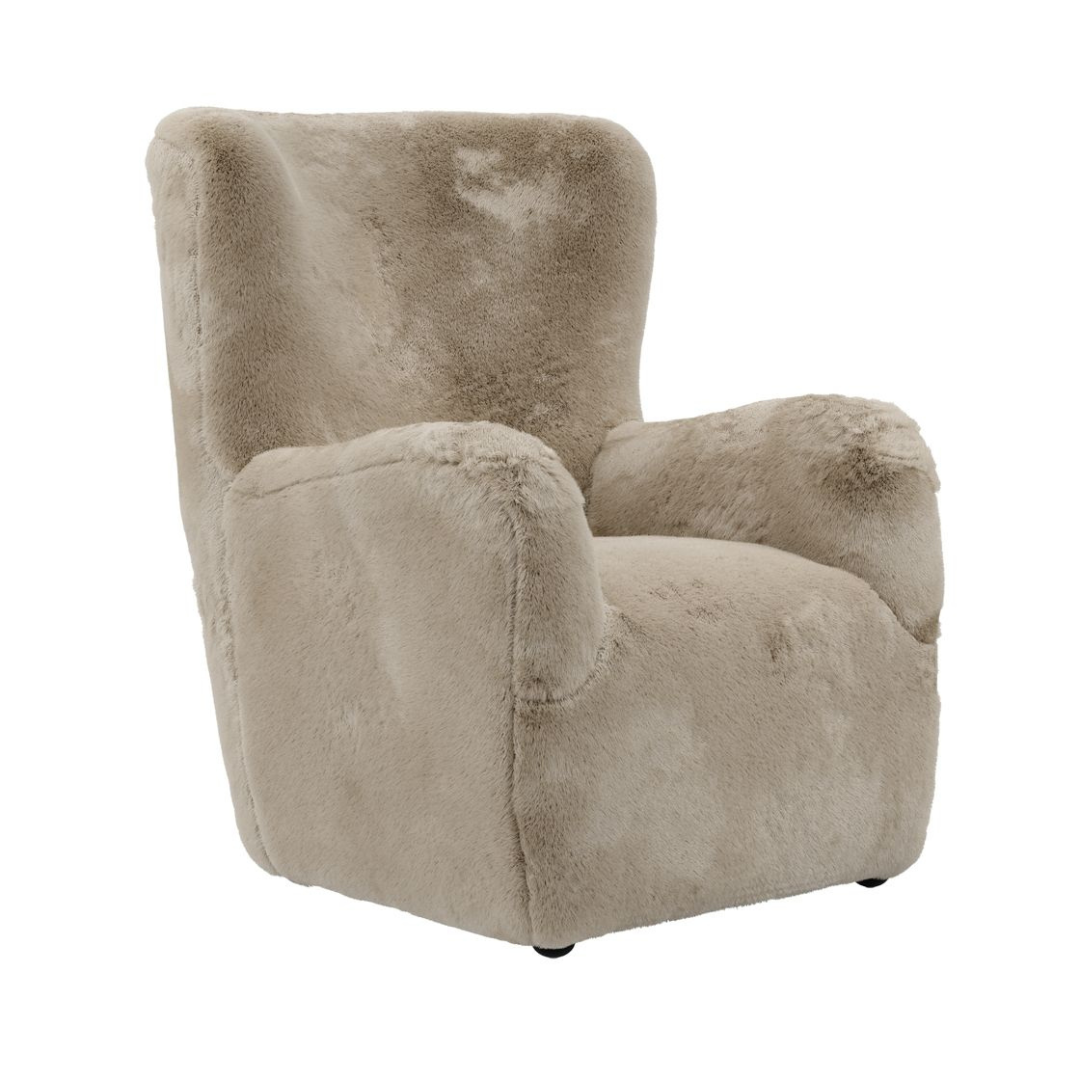 Lobo Armchair - Beige Faux Fur Fabric Seat - Black Wood Feet