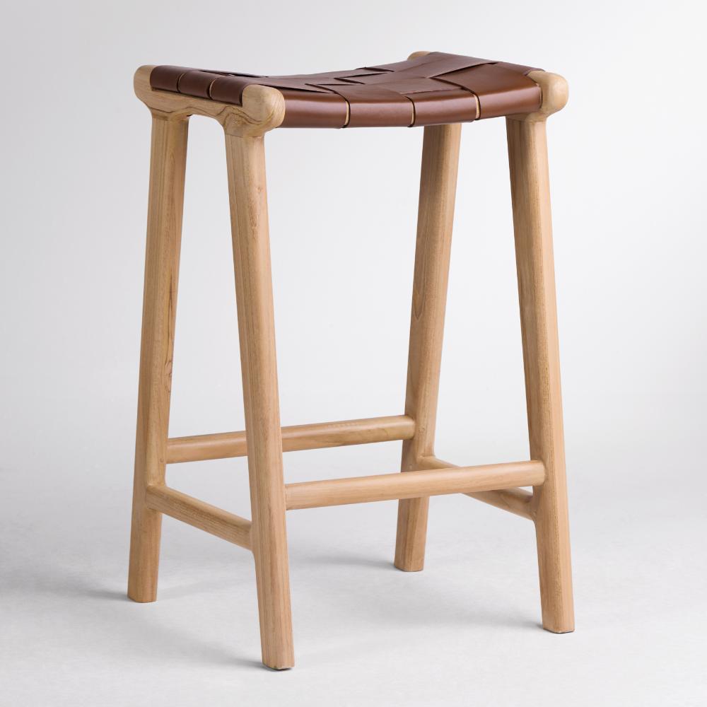 London Backless Bar Stool - Brown Leather Seat - Teak Frame - 66cm