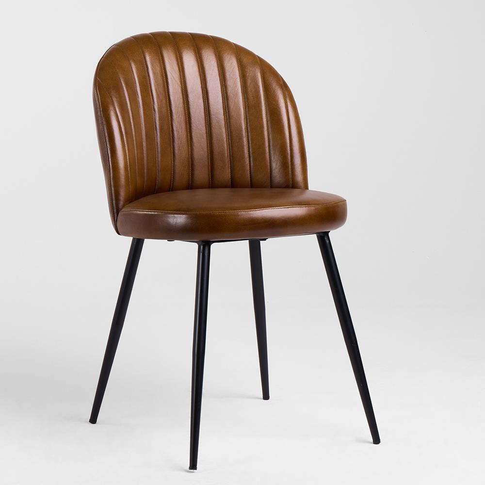 Ducie Dining Chair - Brown Leather Seat - Matt Black Metal Base