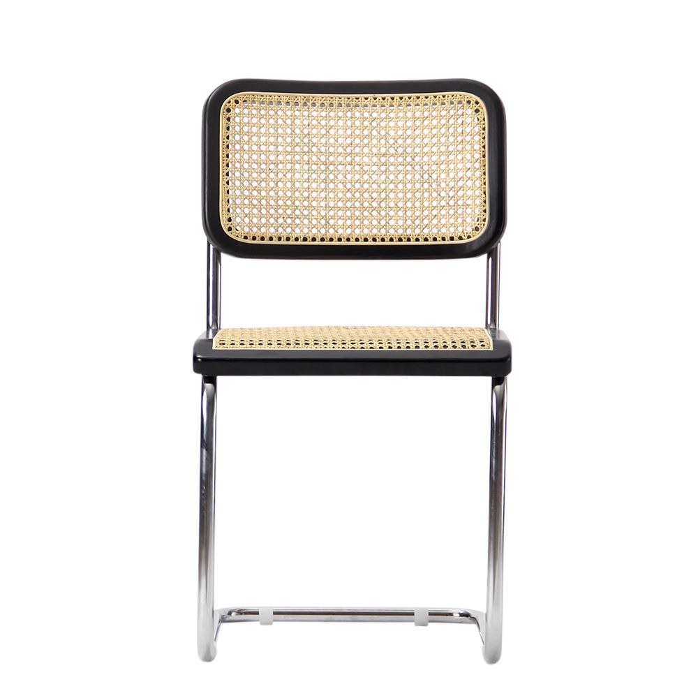 Cesca Inspired Dining Chair - Black & Natural Rattan Seat - Chrome Frame