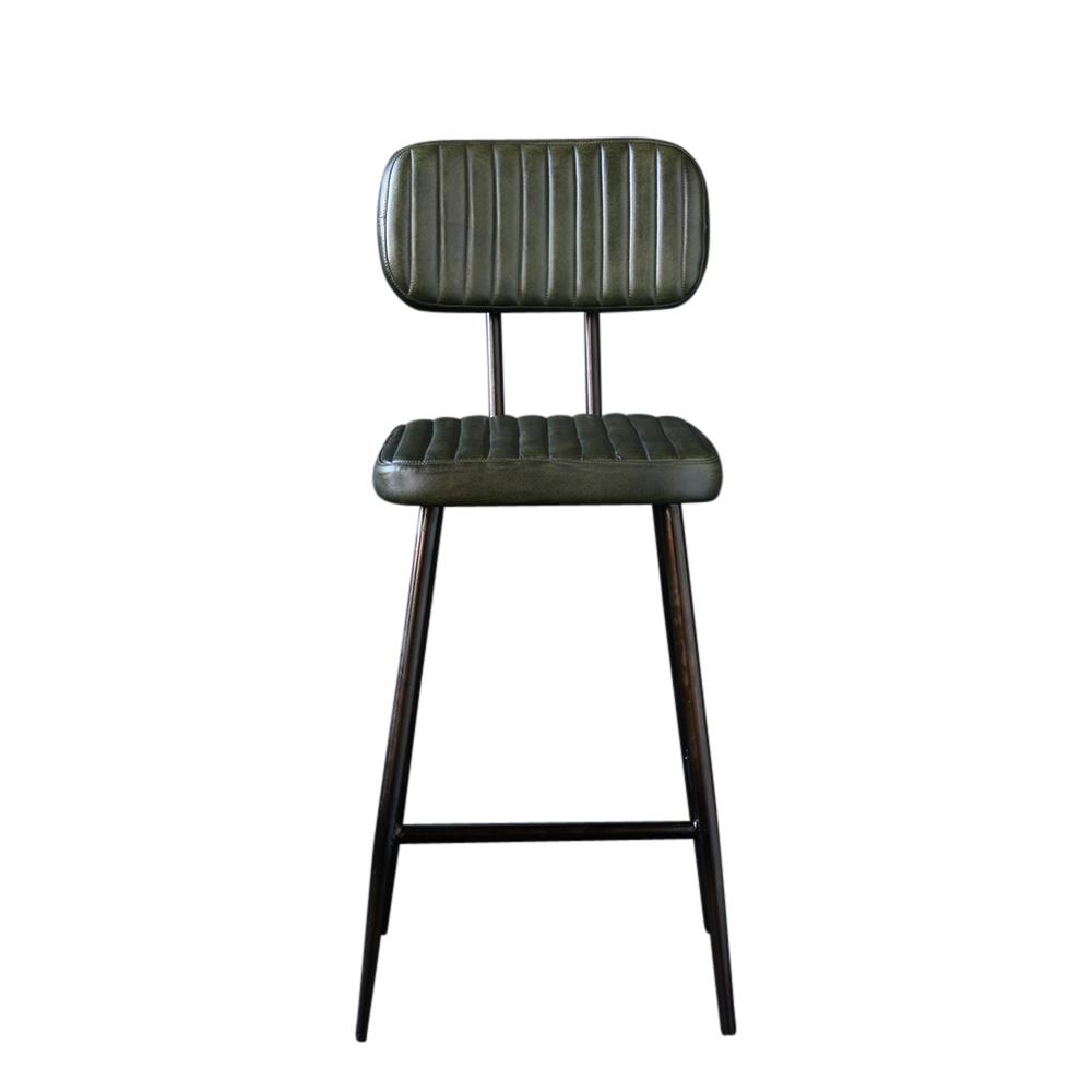 Memphis Bar Stool - Green Real Leather Ribbed Seat - Pewter Base - 66cm