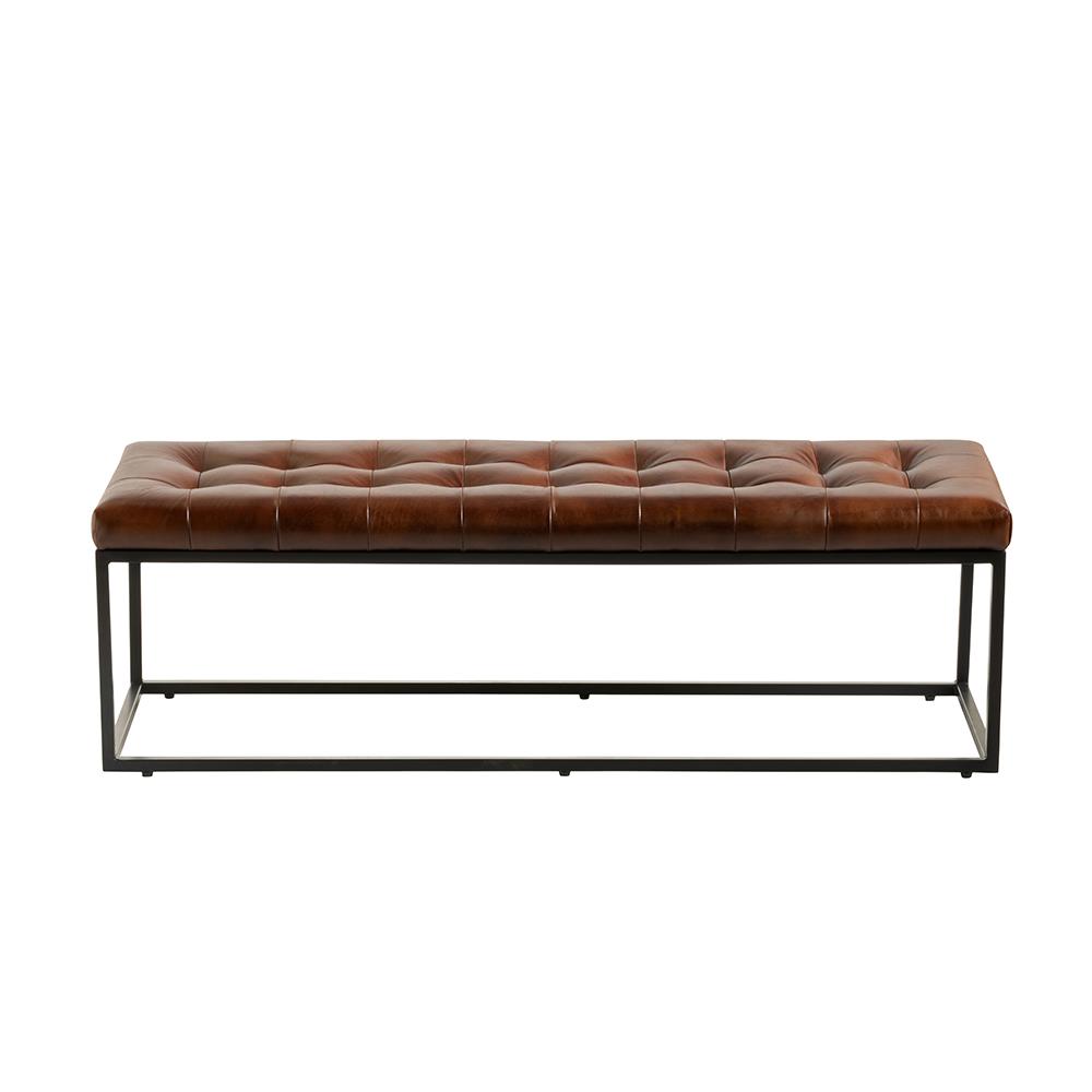 Oxford Ottoman - Brown Real Leather Bench Seat - Black Base - 140cm