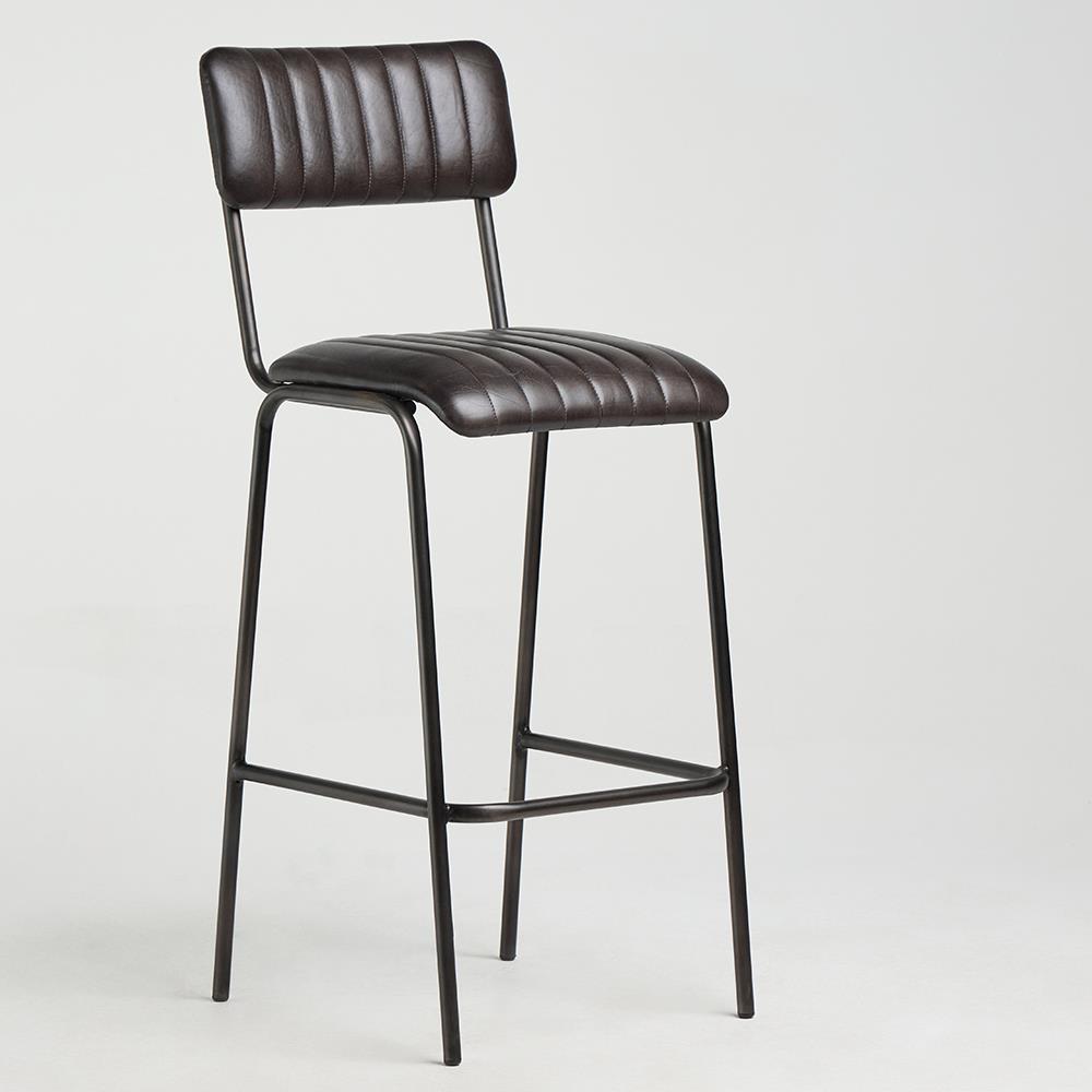 Diner Bar Stool - Grey Real Leather Seat - Clear Natural Metal Frame - 75cm