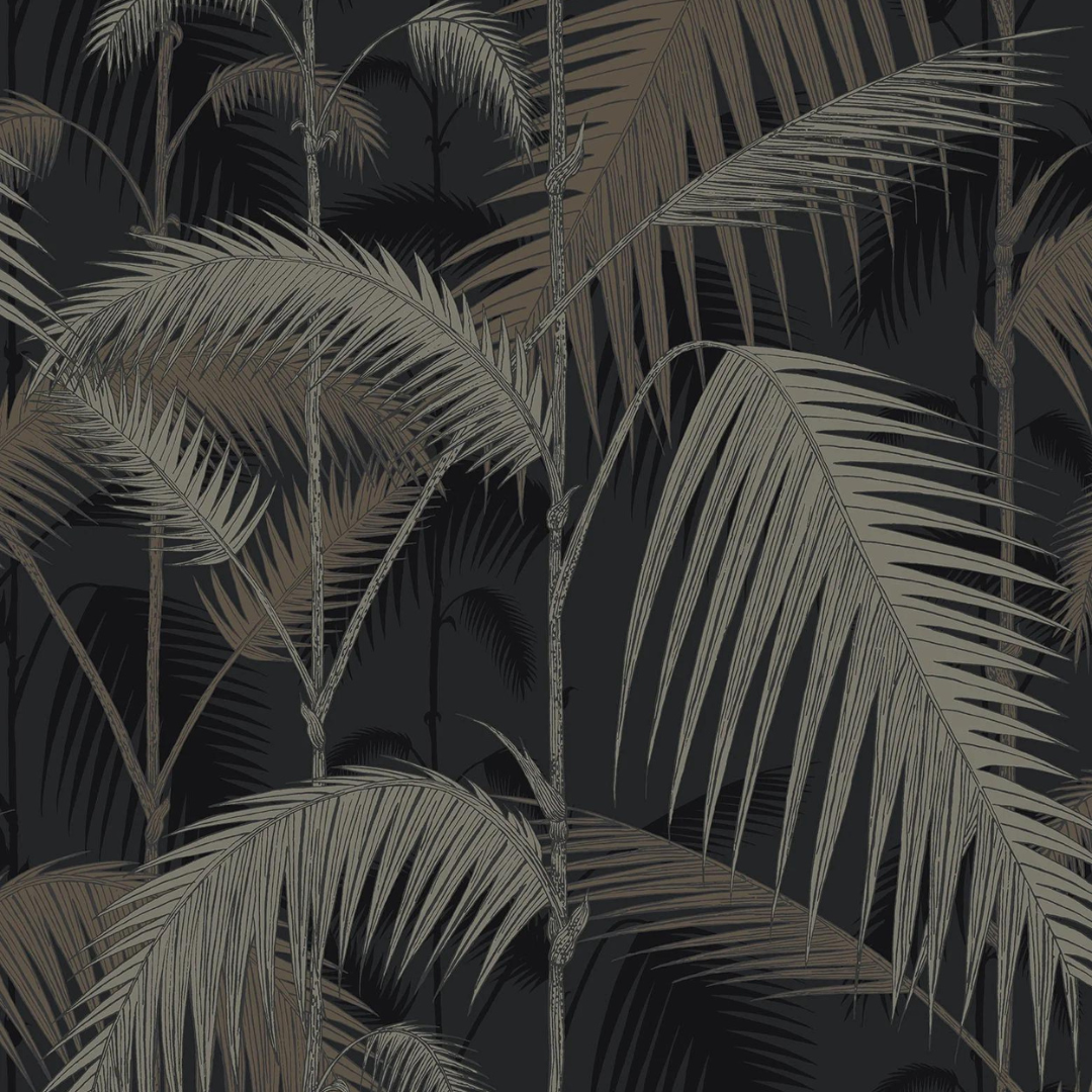 Cole & Son Wallpaper - Palm Jungle - Metallic Gilver on Charcoal