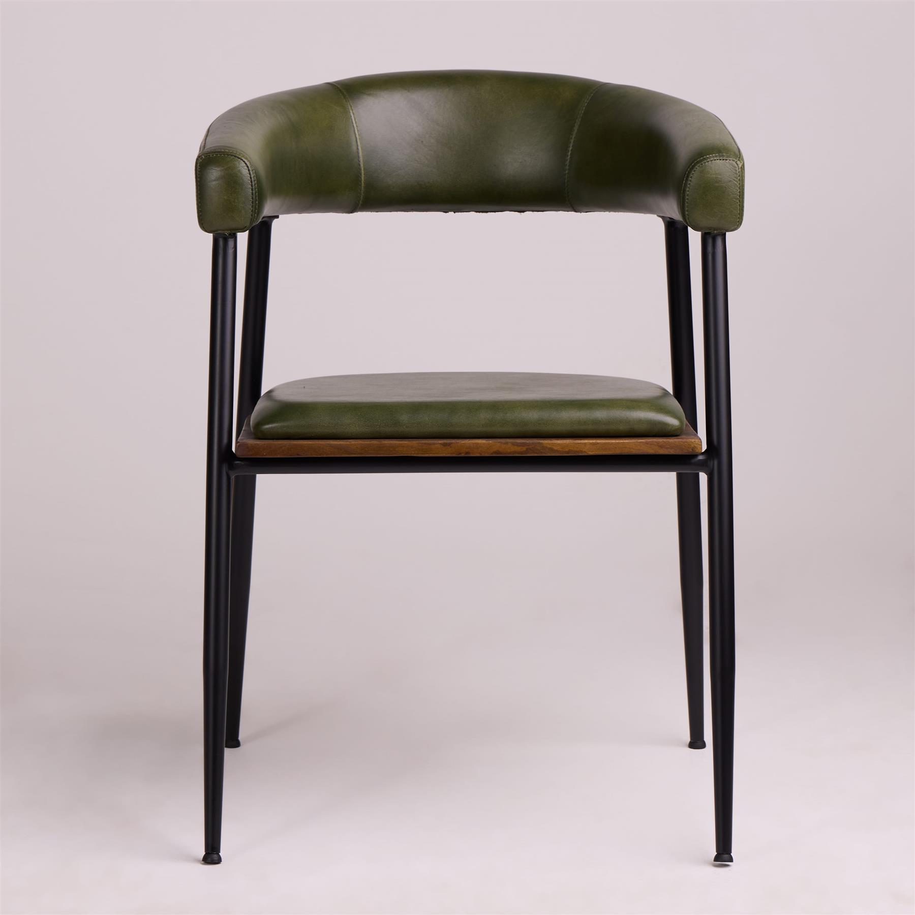Captains Dining Chair - Green Leather Seat - Black Metal Base