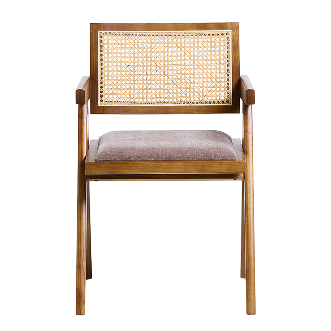 Adagio Inspired Dining Chair - Natural Fabric Seat & Cane Backrest - Walnut Frame