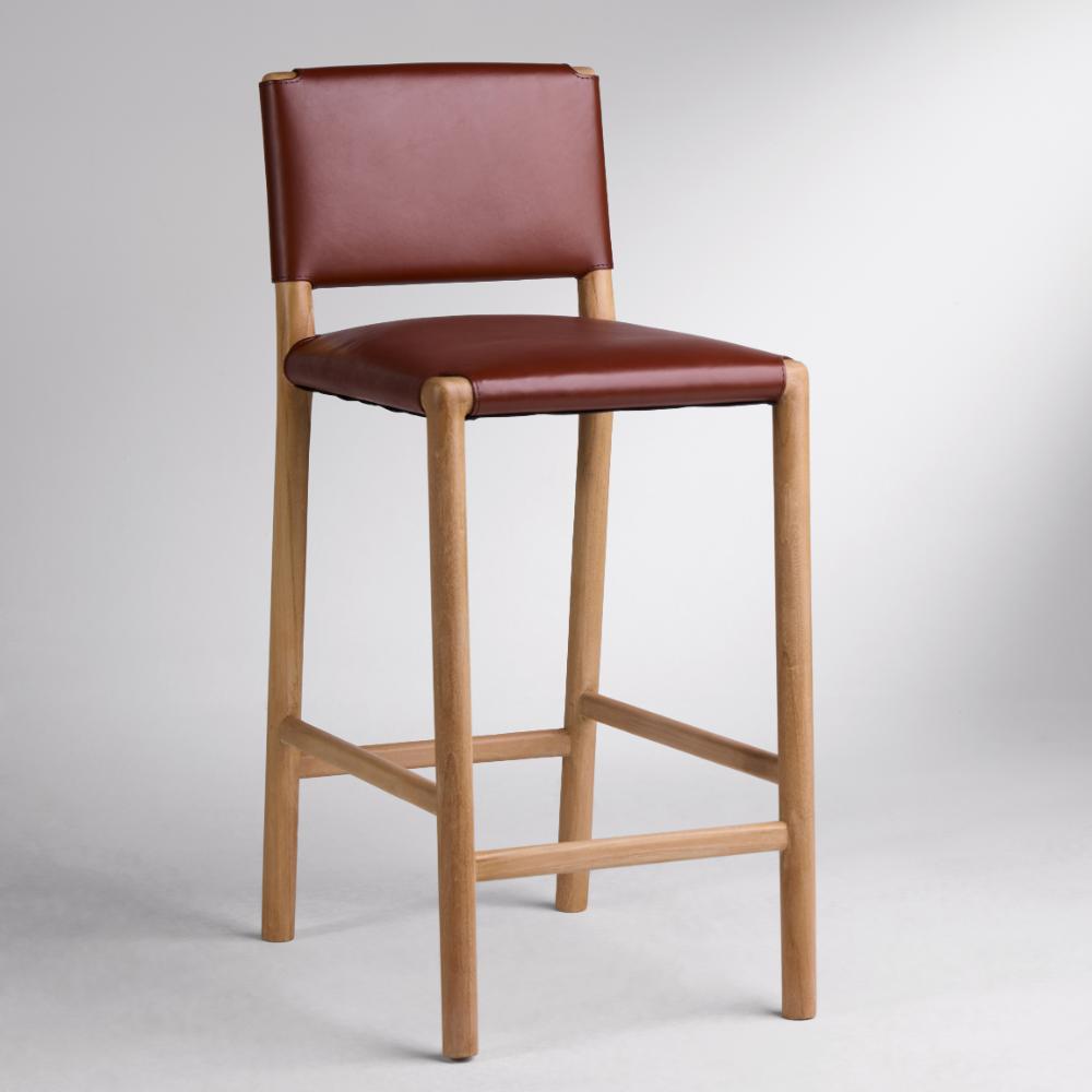 Amara Bar Stool - Reddish Brown Leather Seat - Solid Teak Frame - 66cm