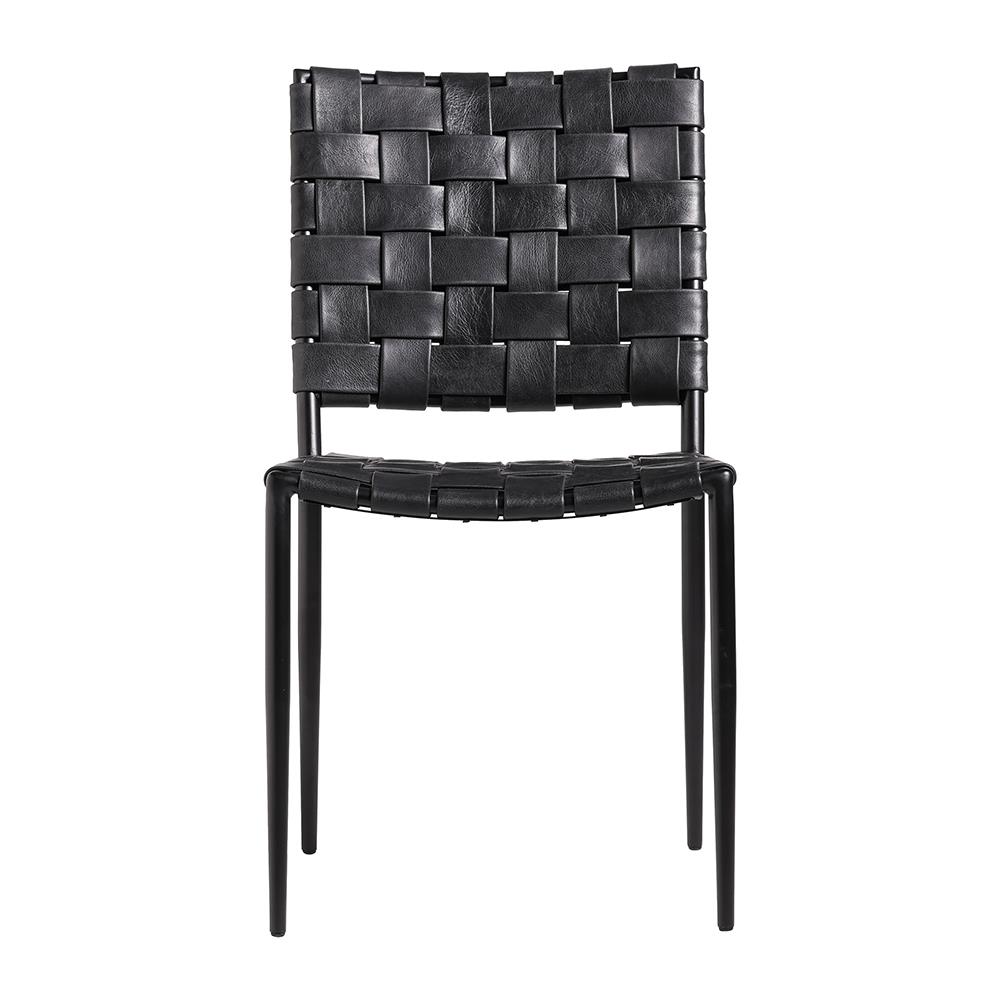 Hunter Dining Chair - Black Real Leather Strap Seat - Black Metal Frame