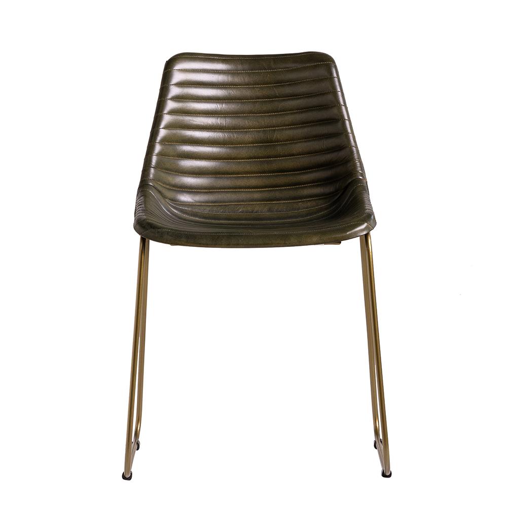 Deluxe RH Dining Chair - Green Ribbed Real Leather Seat - Gold Base