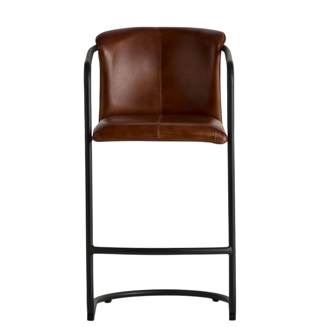 Deansgate Bar Stool - Brown Real Leather Seat - Black Base - 75cm
