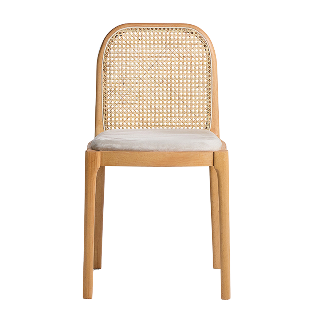 Thomas Dining Chair - Natural Velvet Fabric Seat - Natural Wood Frame