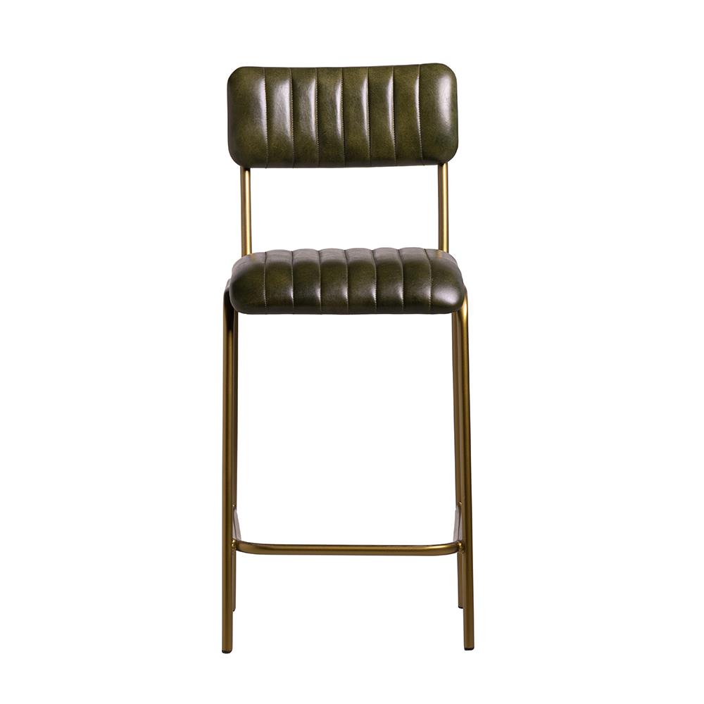 Diner Bar Stool - Green Real Leather Seat - Antique Brass Metal Frame - 66cm