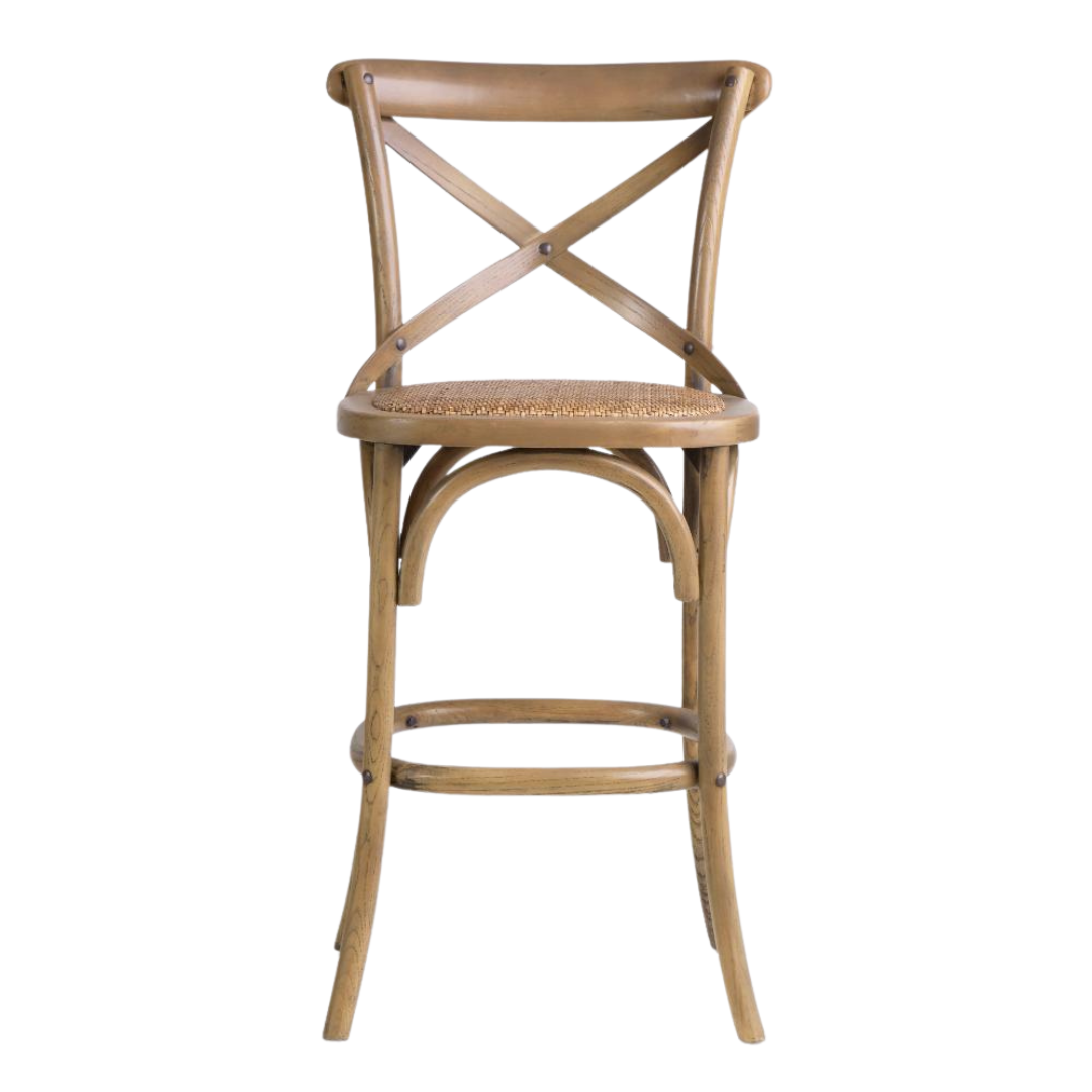 French Cross-Back Counter Stool - Natural Rattan Seat - Light Oak Frame - 66cm