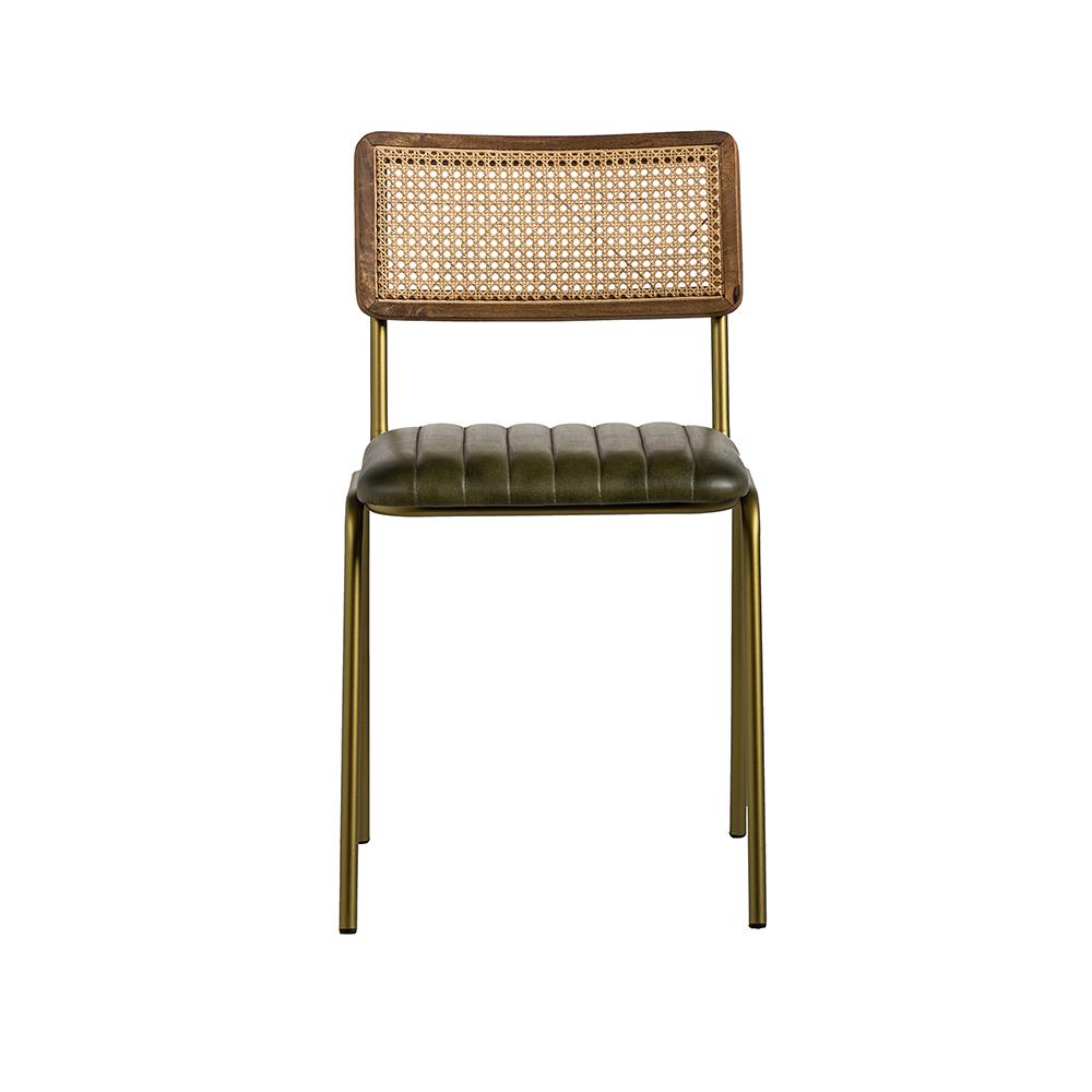 Bexley Dining Chair - Green Real Leather Seat with Cane Backrest - Metal Frame