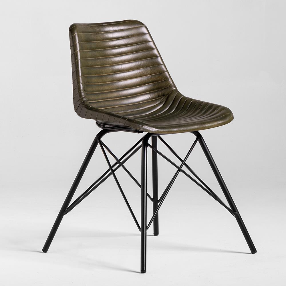 Cross Leg Dining Chair - Green Ribbed Leather Seat - Black Metal Base