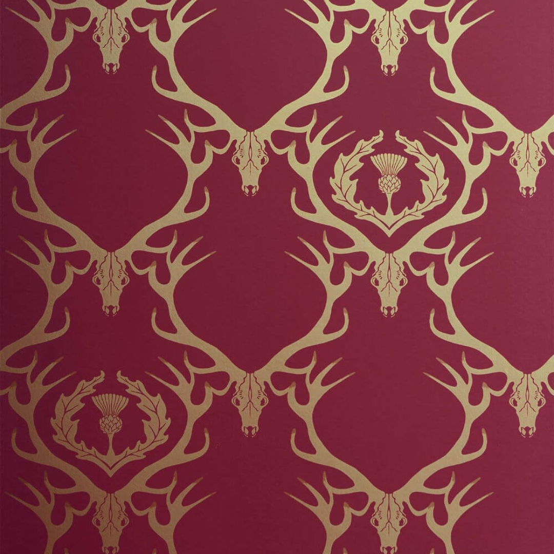 Barneby Gates Wallpaper - Deer Damask - Claret and Gold