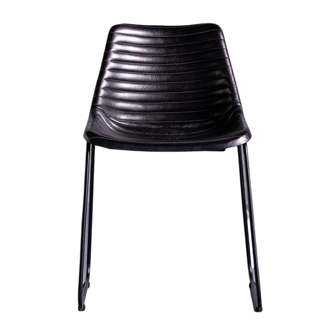 Deluxe RH Dining Chair - Black Ribbed Real Leather Seat - Black Base