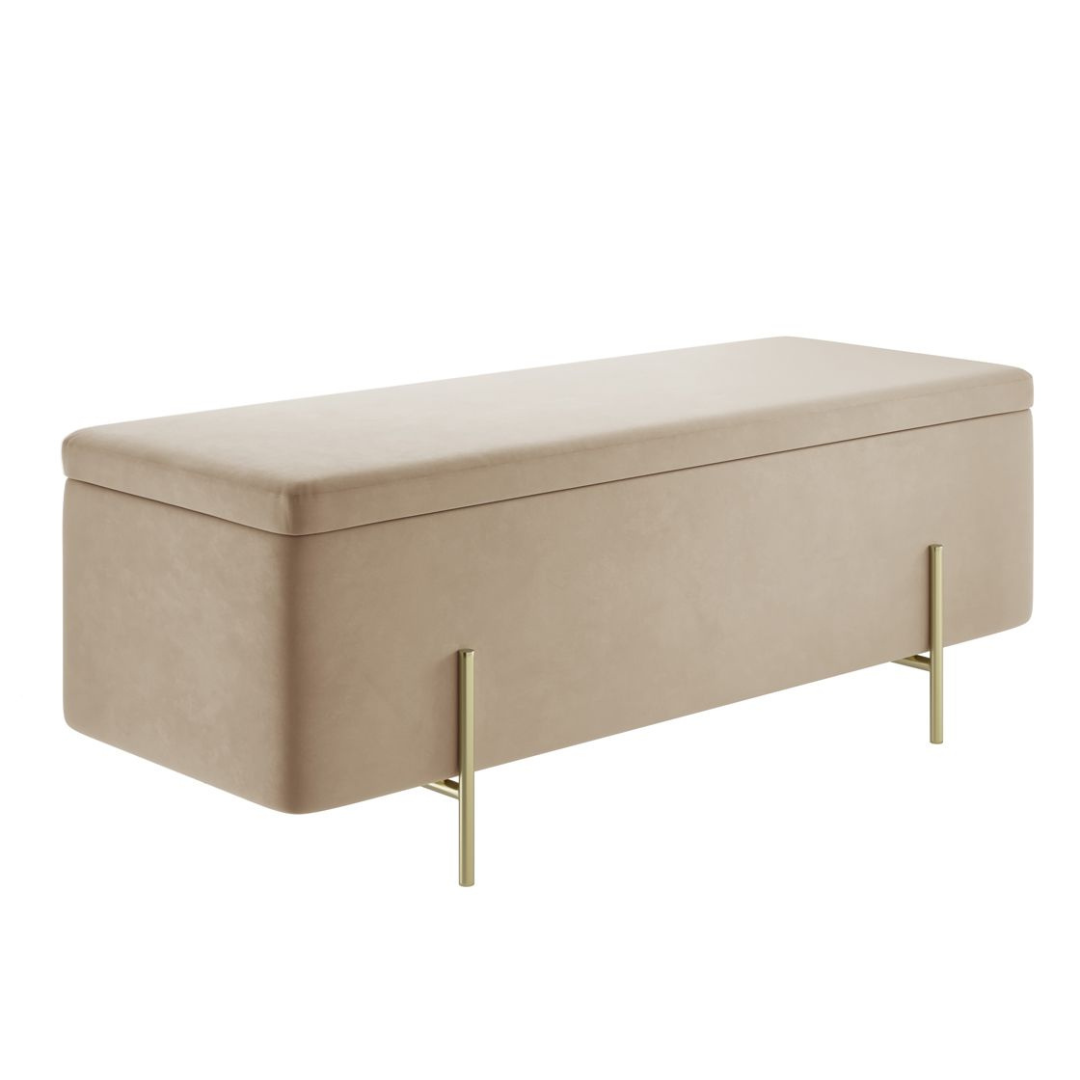 Layla Ottoman - Plush Beige Velvet Storage Bench Seat - Brushed Gold Base - 116cm