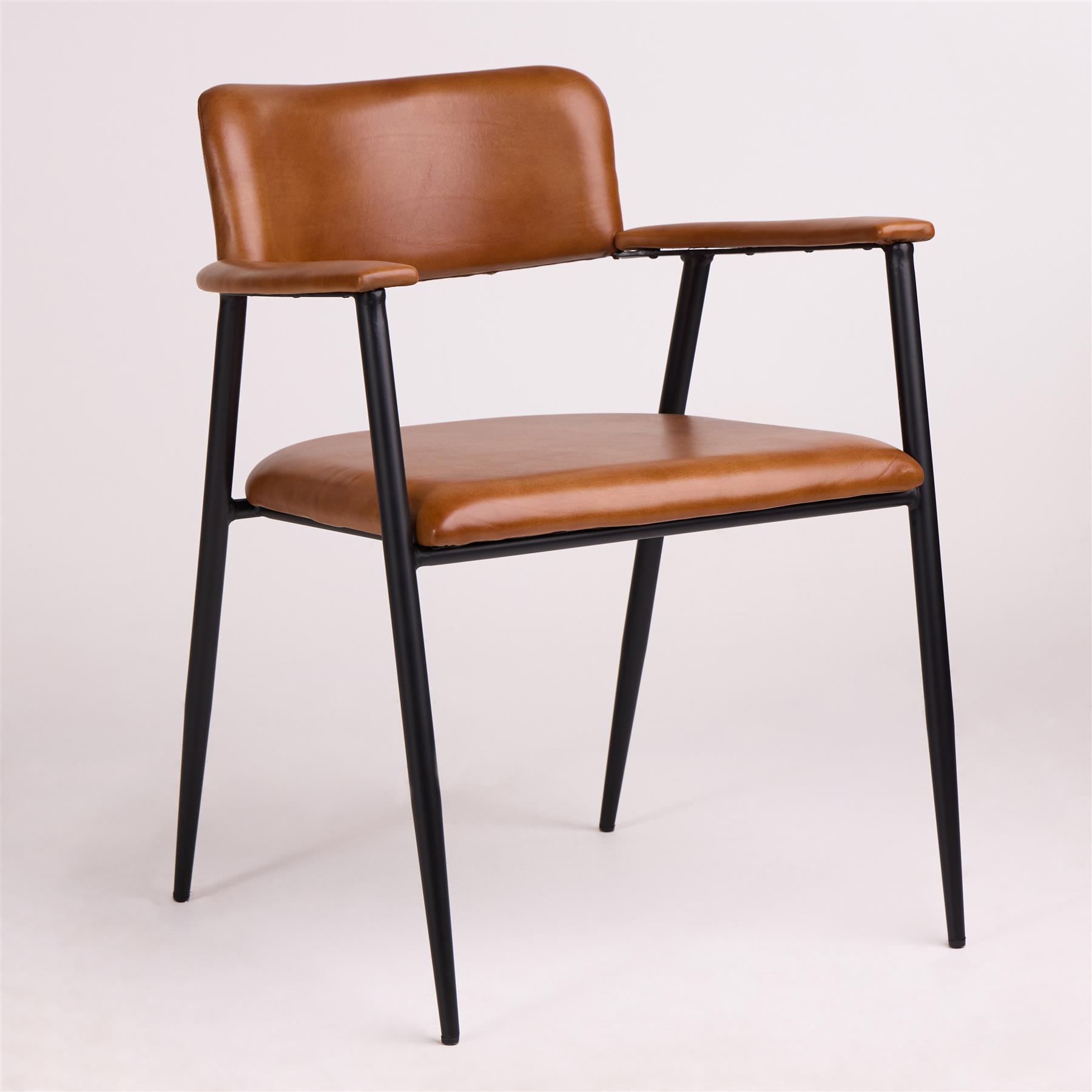 Chester Dining Chair - Smooth Tan Leather Seat - Black Metal Frame