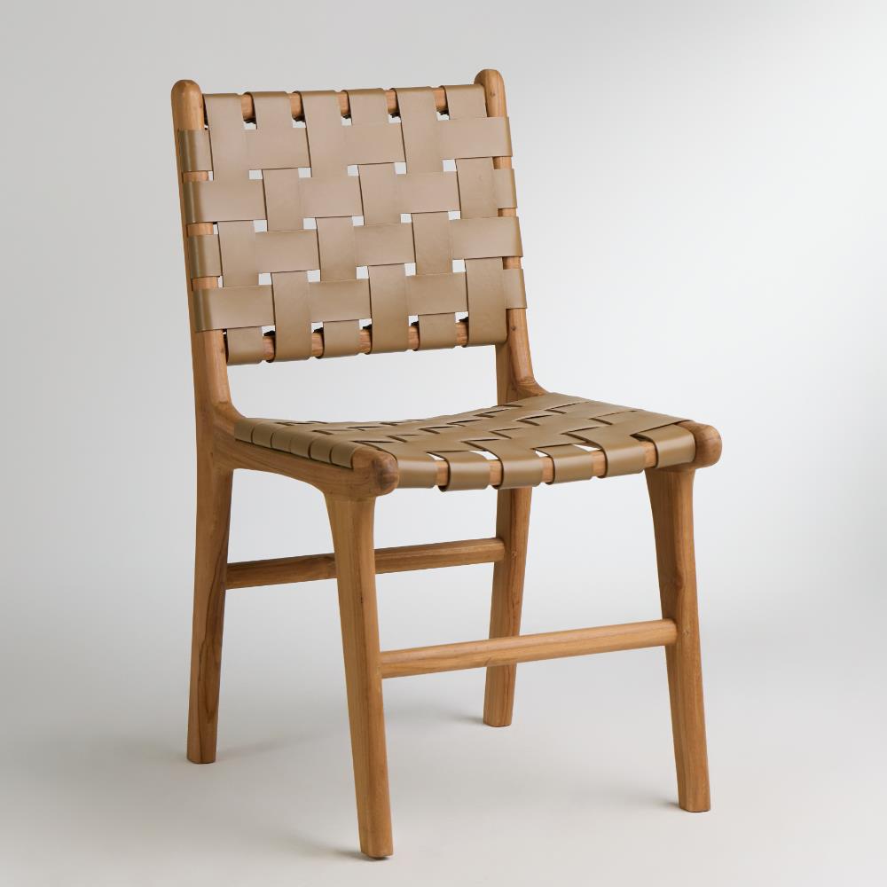 London Dining Chair - Taupe Leather Woven Strap Seat - Teak Frame