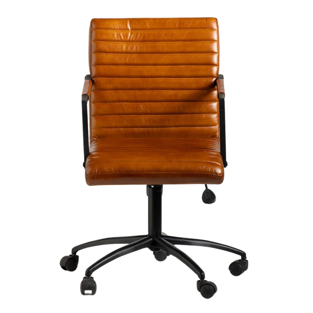 Tib Office Chair - Tan Real Leather Seat - Black Base with wheels