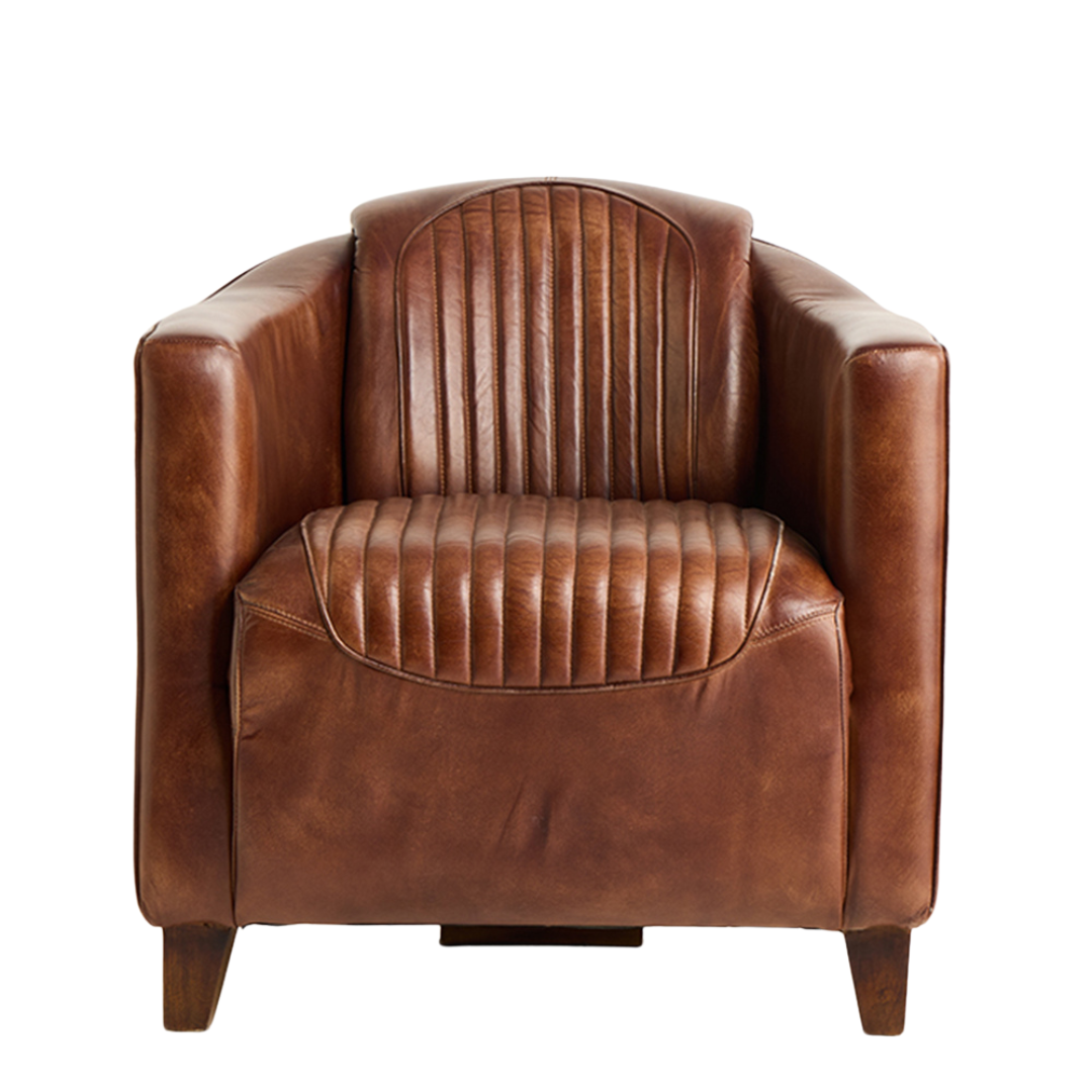 Piccadilly Armchair - Curved Brown Real Leather Seat - Wood Feet