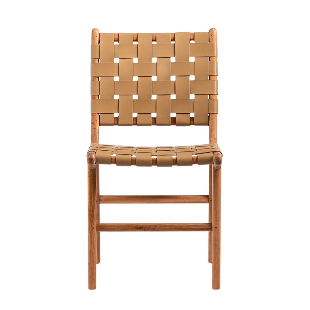 London Dining Chair - Taupe Real Leather Strap Seat - Teak Frame