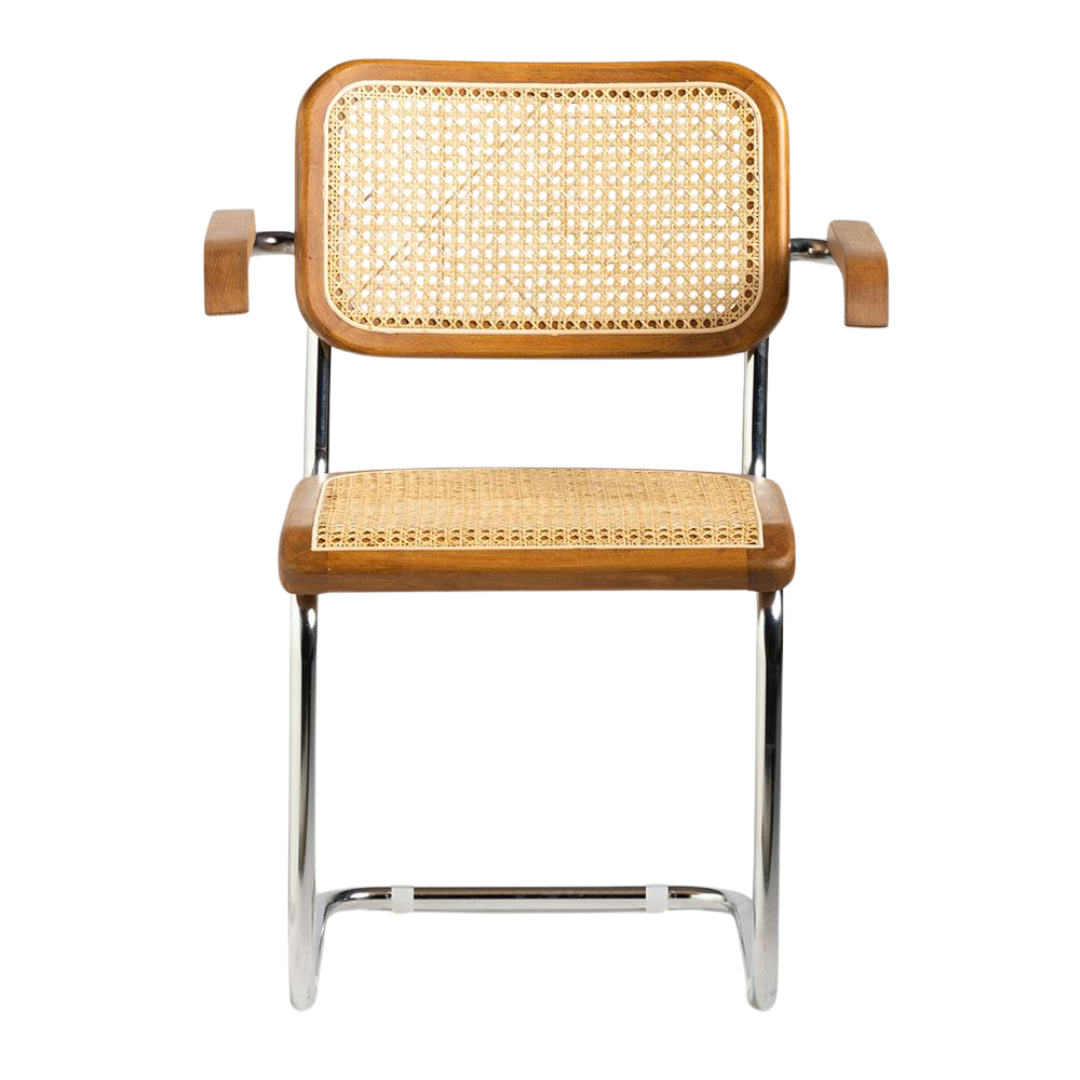 Cesca Inspired Armchair - Brown & Natural Rattan Seat - Chrome Frame