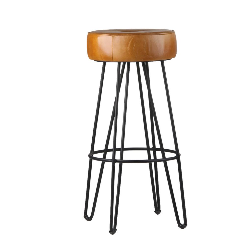 Toby Bar Stool - Yellow Real Leather Round Seat - Black Base - 76cm