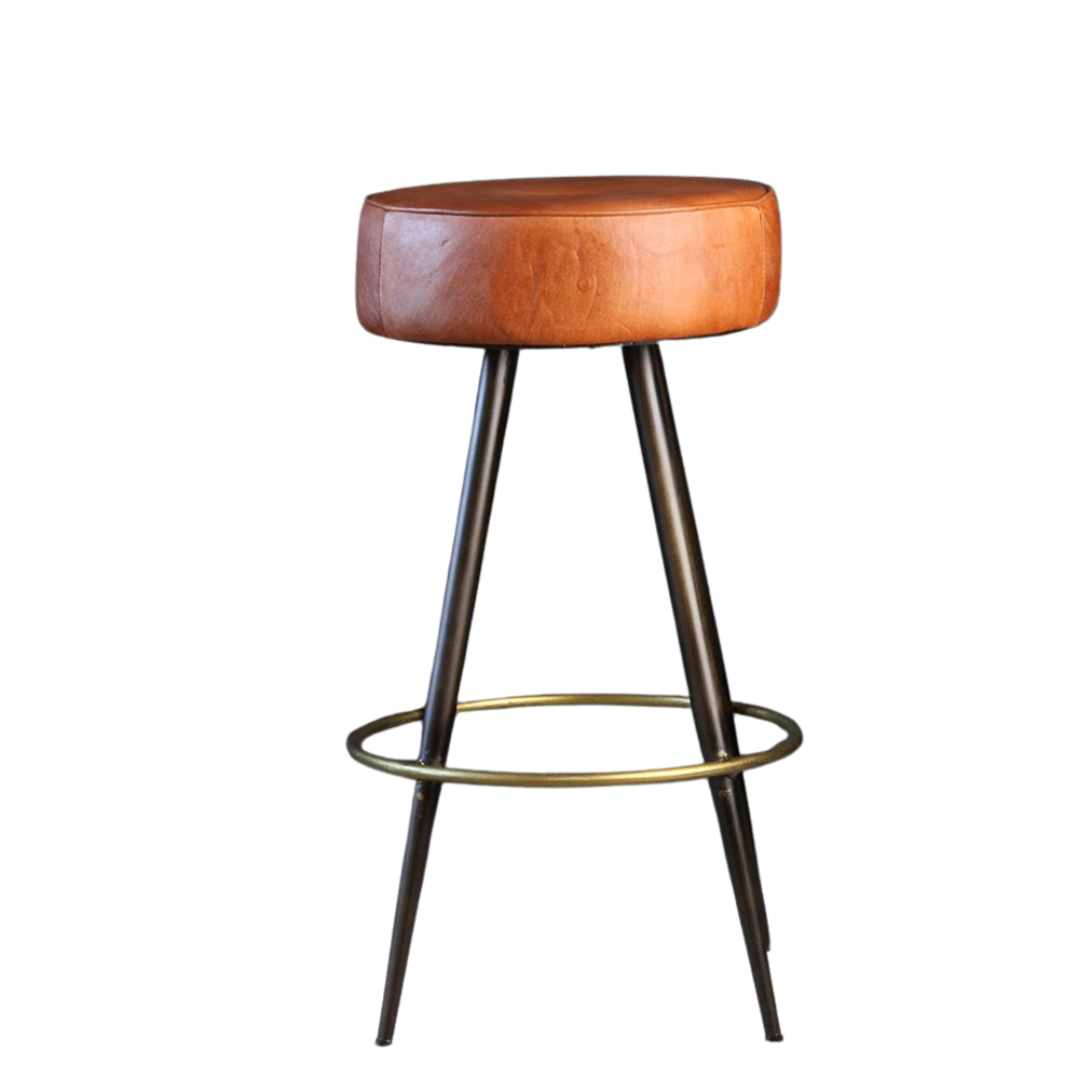 Crompton Bar Stool - Tan Round Leather Seat - Pewter Base - 66cm
