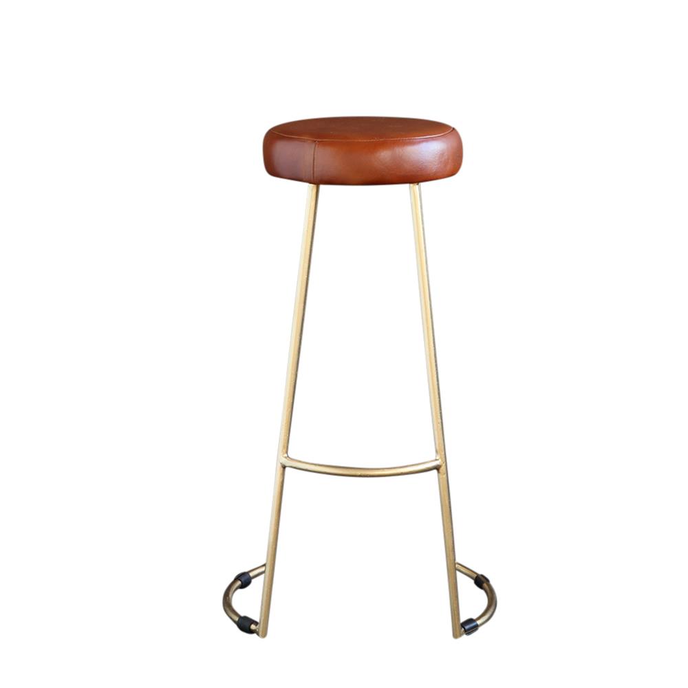 Tapas Bar Stool - Tan Real Leather Round Seat - Gold Base - 78cm