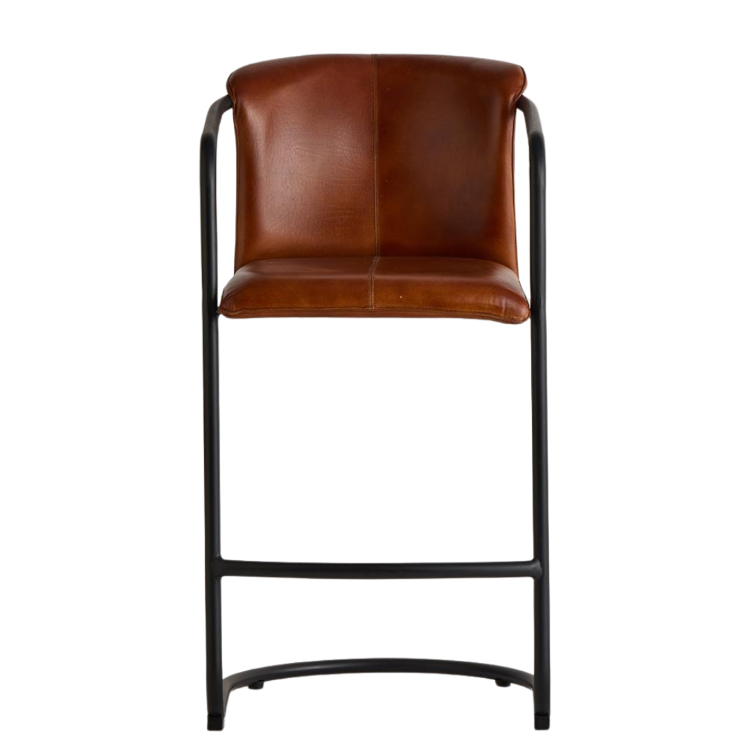 Deansgate Bar Stool - Tan Real Leather Seat - Black Base - 66cm