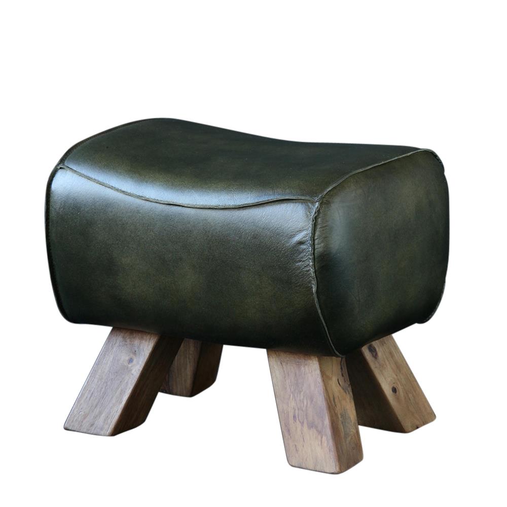 Pommel Footstool - Green Real Leather Seat - Natural Legs