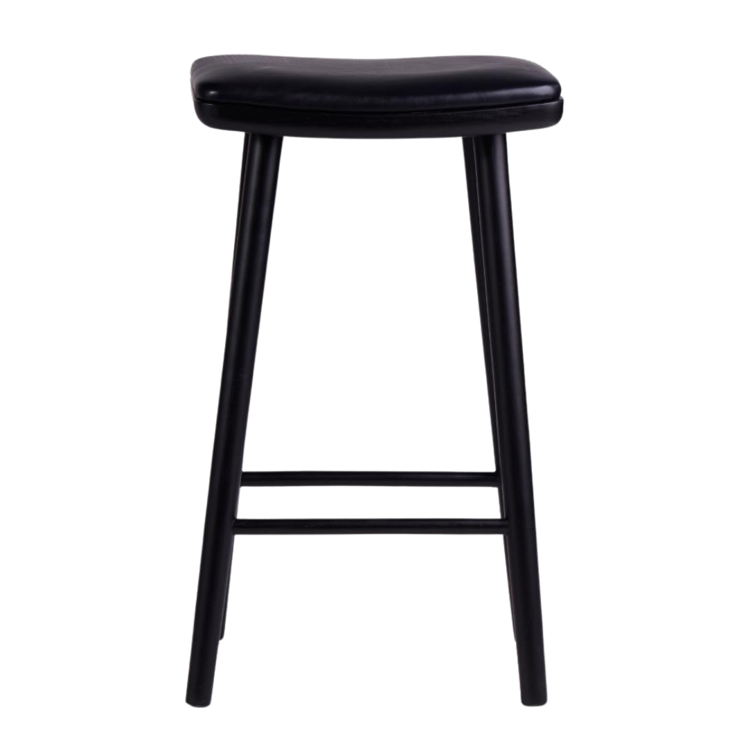 Lhasa Bar Stool - Black Leather Seat - Black Teak Frame - 66cm