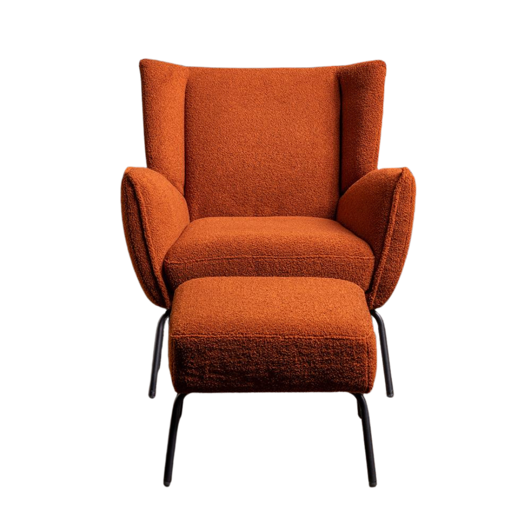 Churchill Armchair with Footstool - Rust Orange Boucle Fabric - Black Metal Base