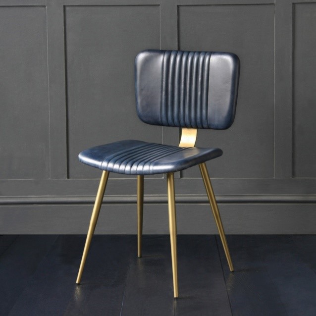 The Enfield Dining Chair In Blue Buffalo Leather with Brass Coloured Pencil Legs