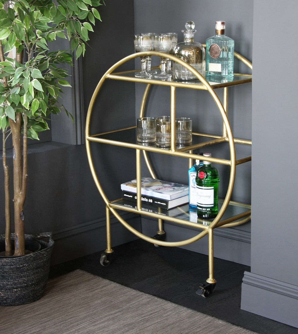 Art Decor Inspired Circle Bar Trolley /  Gold frame Glass Shelves 