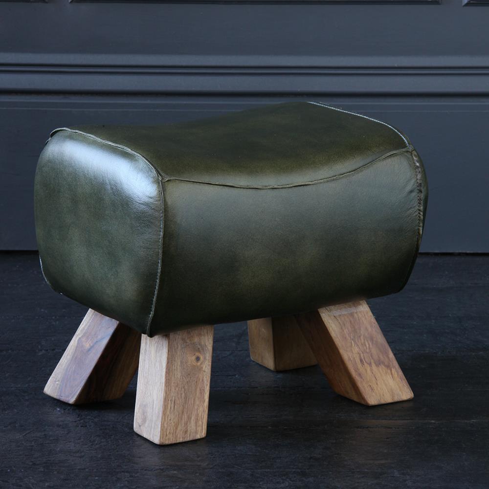 Pommel Horse Low Stool Green Leather Natural Base Small Compact